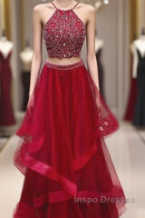 Custom Made Red Two Pieces Sequin Long Evening Prom Dress, Evening Dress