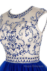 Custom Made Round Neck Cap Sleeves Beading Black Short Evening Prom Dress Royal Blue Homecoming Dress, Evening Dress 2019
