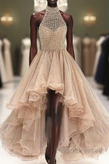 Custom Made Round Neck High Low Champagne Evening Prom Dress, High Low Formal Dress