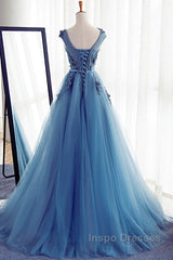Custom Made Round Neck Sleeveless Lace Evening Prom Dress, Blue Lace Formal Dress