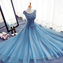 Custom Made Round Neck Sleeveless Lace Evening Prom Dress, Blue Lace Formal Dress