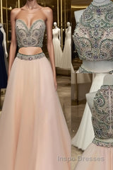 Custom Made Two Pieces High-Neck Beaded Pink Tulle Evening Prom Dress, Pink Evening Dress