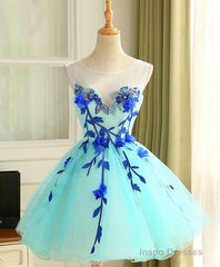 Cute A Line Blue Tulle Mini/Short Prom Dress, Blue Homecoming Dress