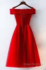 Cute A Line Off Shoulder Short Red Lace Evening Prom Dress, Short Red Bridesmaid Dress, Graduation Dress