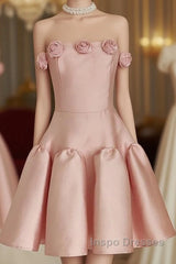Cute A Line Strapless Pink Satin Travel Vacation Dress Short Birthday Dress