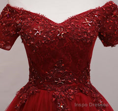 Cute Burgundy Off Shoulder Tulle Party Dress, Wine Red Homecoming Dress