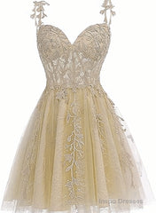 Cute Champagne Tulle Short Lace Homecoming Dress, Sweetheart Knee Length Party Dress