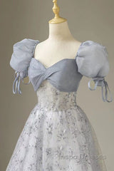 Cute Floral Printed Long Evening Prom Dress  A Line Puff Sleeves Blue Party Gown
