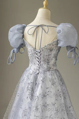 Cute Floral Printed Long Evening Prom Dress  A Line Puff Sleeves Blue Party Gown
