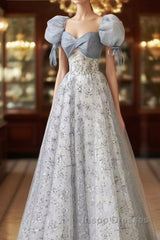 Cute Floral Printed Long Evening Prom Dress  A Line Puff Sleeves Blue Party Gown
