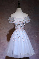 Cute Gray Blue Tulle Short Evening Prom Dress, Off The Shoulder Homecoming Dress