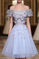 Cute Gray Blue Tulle Short Evening Prom Dress, Off The Shoulder Homecoming Dress