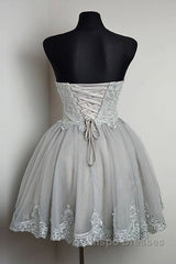 Cute Gray Tulle Lace Short Evening Prom Dress, Gray Homecoming Dress
