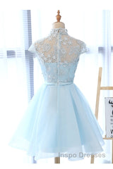 Cute Light Blue Tulle With Lace Party Dress , Beautiful Short Classical Formal Dress