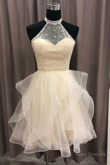 Cute Open Back Champagne Beaded Short Prom Dress, Fluffy Champagne Beaded Homecoming Dress