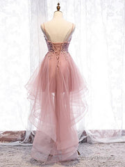 Cute Pink High Low Tulle with Lace Prom Dress High Low Homecoming Dress prom dresses shops