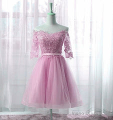 Cute Pink Knee Length Short Sleeves Party Dress, Tulle Prom Dress