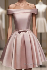 Cute Pink Satin Off Shoulder Knee Length Formal Dress, Lovely Evening Prom Dress