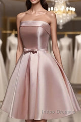Cute Pink Satin Scoop Knee Length Short Evening Prom Dress Homecoming Dress, Pink Formal Dress