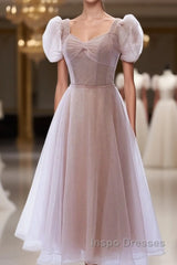 Cute Pink Tulle Short Sleeves Knee Length Homecoming Dress, Cute Pink Evening Prom Dress