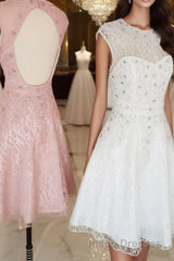 Cute round neck tulle lace short Evening Prom Dress lace bridesmaid Dress