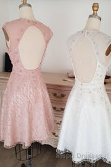Cute round neck tulle lace short Evening Prom Dress lace bridesmaid Dress