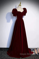 Cute Short Sleeves Burgundy Long Evening Prom Dress