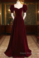 Cute Short Sleeves Burgundy Long Evening Prom Dress