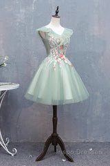 Cute Short Tulle V-Neckline With Flower Lace Party Dress Homecoming Dress, Short Formal Dress