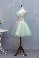 Cute Short Tulle V-Neckline With Flower Lace Party Dress Homecoming Dress, Short Formal Dress