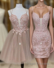 Cute tulle pink lace short Evening Prom dress, cute lace homecoming dress