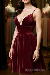 Cute V Neck Backless Burgundy Velvet Short Evening Prom Homecoming Dress, Backless Maroon Formal Graduation Evening Dress