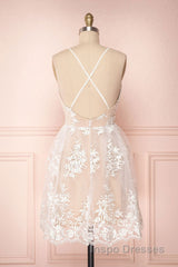 Cute V Neck Backless Pink Lace Appliques Short Evening Prom Dress, Pink Lace Formal Graduation Homecoming Dress