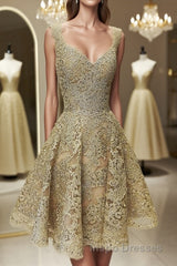 Cute V Neck Golden Lace Short Evening Prom Dress, Golden Lace Homecoming Dress, Golden Formal Evening Dress