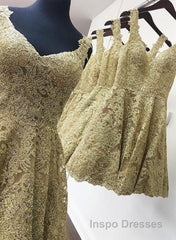 Cute V Neck Golden Lace Short Evening Prom Dress, Golden Lace Homecoming Dress, Golden Formal Evening Dress