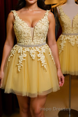 Cute V Neck Yellow Lace Short Evening Prom Dress with Belt, Yellow Lace Homecoming Dress, Short Yellow Formal Evening Dress
