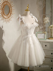 Cute white tulle lace short Evening Prom Dress, white homecoming Dress