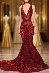 Red Sequins Shiny V-Neck Mermaid Long Evening Prom Dress