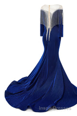 Deep V-neck Shiny Royal Blue Long sleeves Mermaid Evening Prom Dress