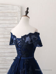 Dark Blue Tulle Lace Short Prom Dress, Dark Blue Homecoming Dress