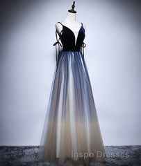 Dark blue tulle long Evening Prom Dress, blue evening Dress