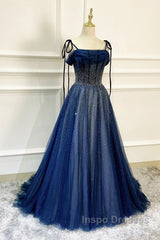 Dark Blue Tulle Sequin Long Evening Prom Dress A Line Birthday Party Dress