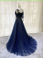 Dark Blue Tulle Sequin Long Evening Prom Dress A Line Birthday Party Dress