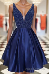 Dark blue v neck beads satin short Evening Prom Dress, blue homecoming Dress