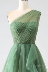 Dark Green A-Line One-Shoulder Sequins Tulle Long Evening Prom Dress