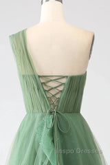 Dark Green A-Line One-Shoulder Sequins Tulle Long Evening Prom Dress