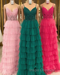 Dark Green A-Line Tiered Tulle Long Evening Prom Dress with Lace