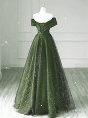 Dark Green and Black A-line Satin Long Party Dress, Simple Long Prom Dress