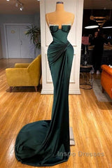 Dark Green Mermaid Spaghetti-Straps Satin Long Evening Prom Dress With Beadings