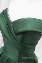 Dark Green Satin Off Shoulder Knee Length Party Dress, Green Homecoming Dress Evening Prom Dress
